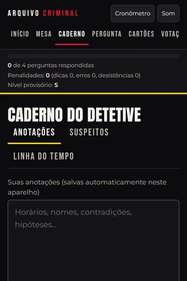 Tela real da versão digital: caderno do detetive com anotações, suspeitos e linha do tempo.