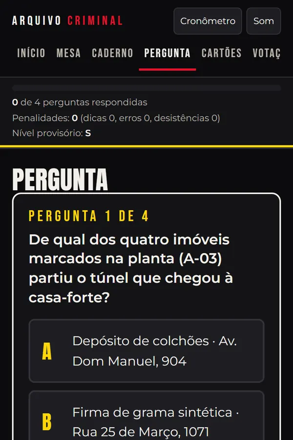 Tela real da versão digital: a Pergunta 1 com alternativas; o próximo envelope só abre com a resposta certa.