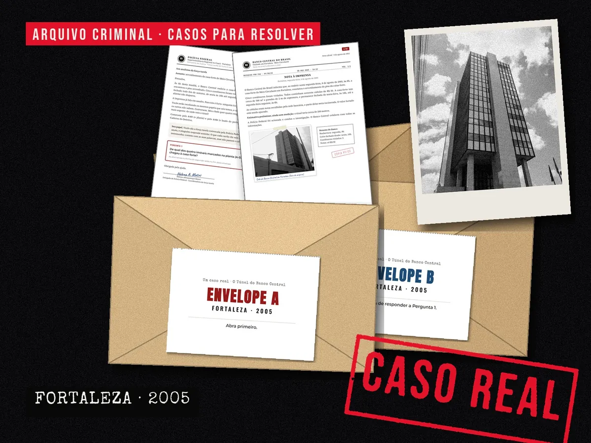 Kit O Túnel do Banco Central: envelopes A e B, documentos da investigação e foto da sede do Banco Central em Fortaleza.